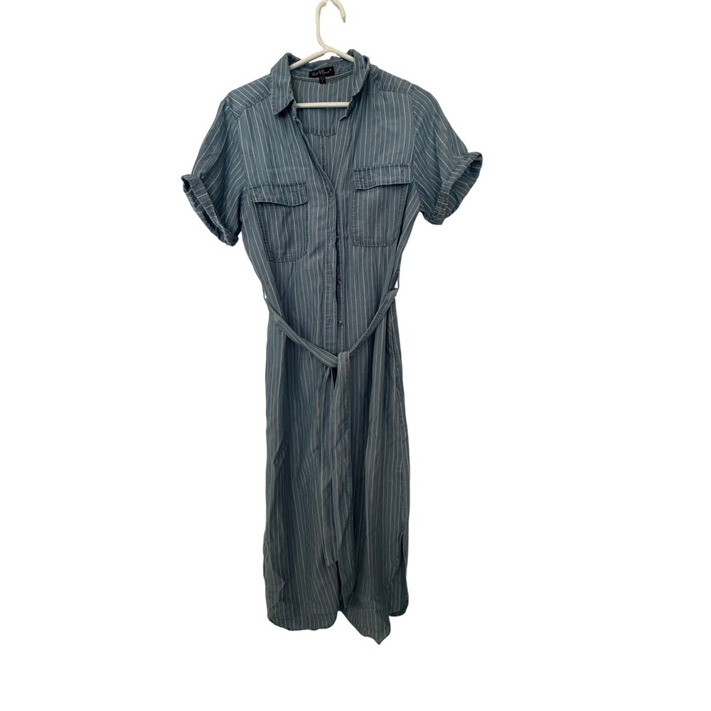 Velvet Heart Striped Button Front Shirt Dress SZ S Blue White Tencel Midi Belted